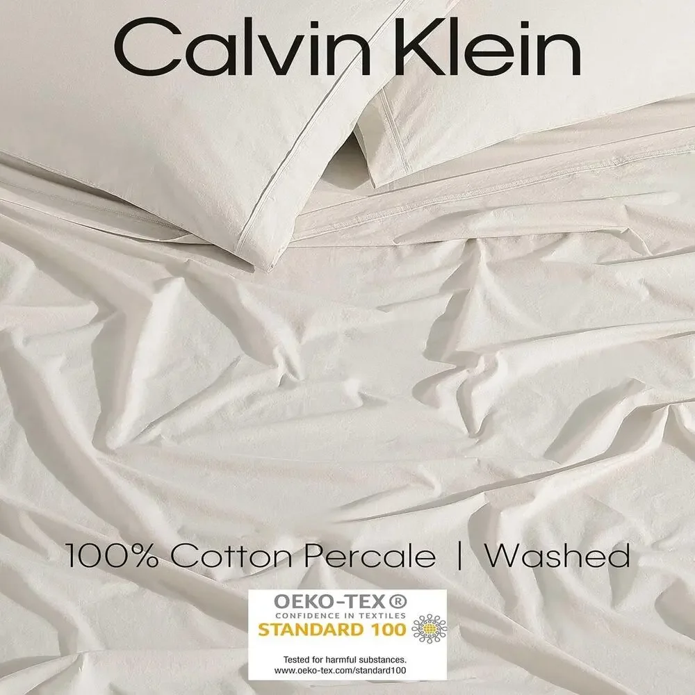 Calvin Klein Twin 3 Piece Sheet Set Beige Washed Percale 200TC Cotton NEW